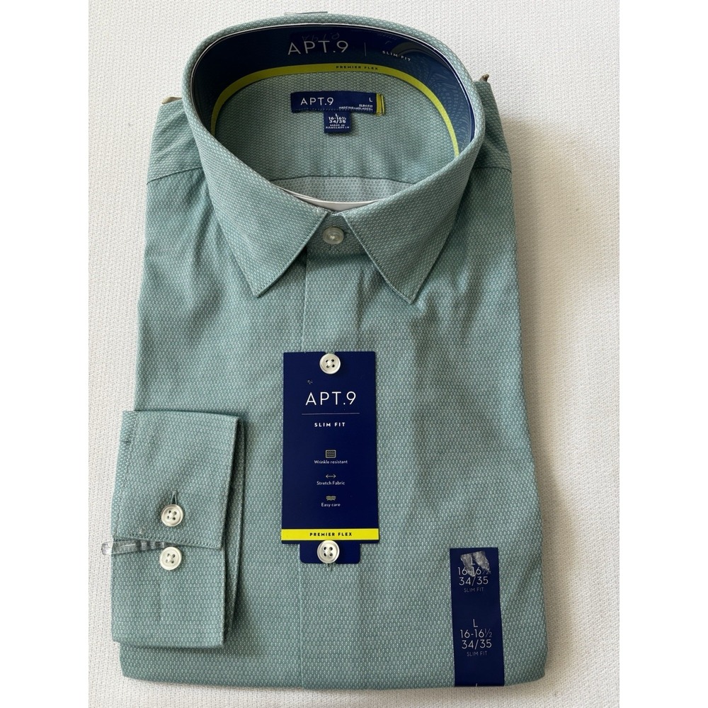 APT. 9 Men's 16-16.5/34-35‎ Prem Flex Dress Shirt L/SL Wrinkle Resist Slim Green